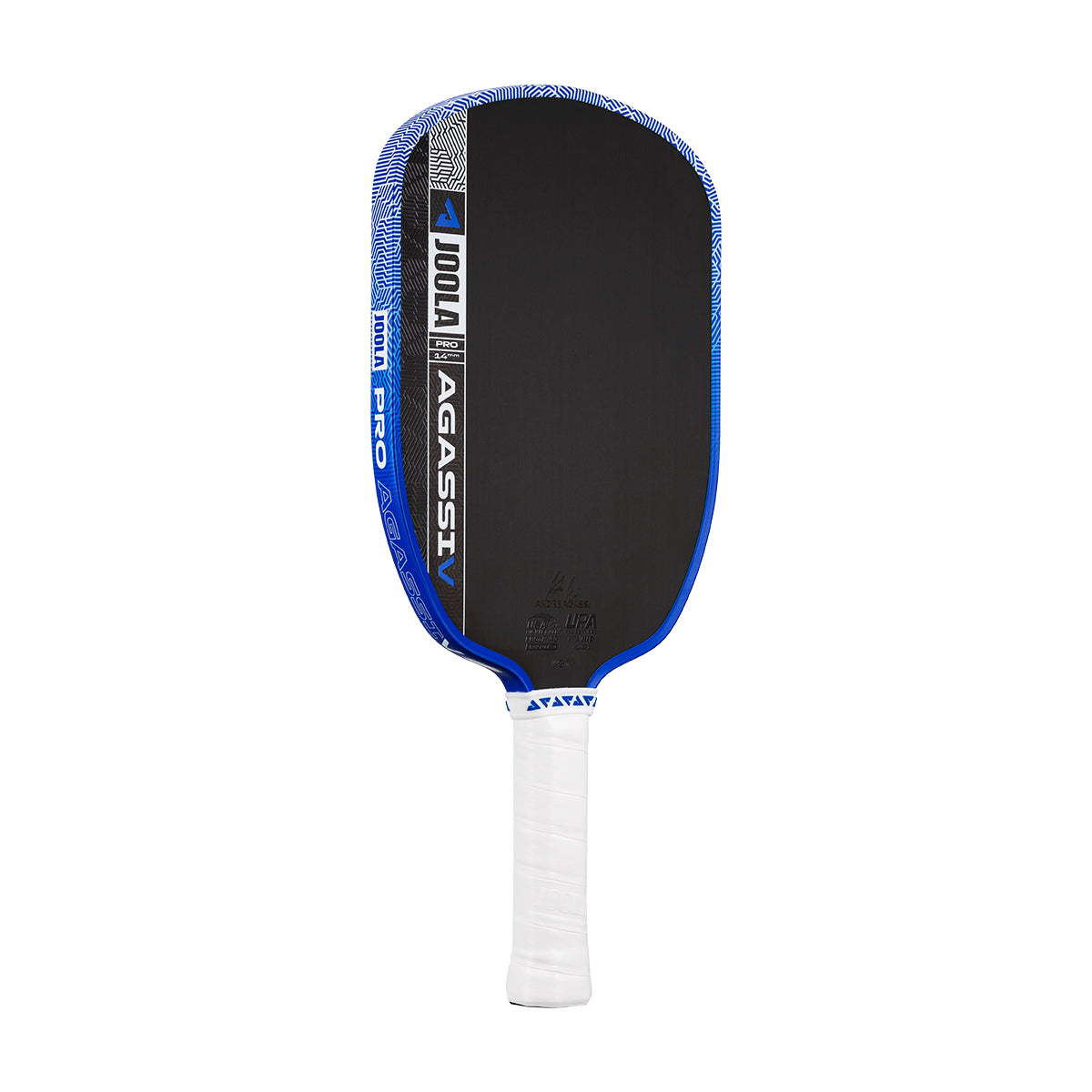A JOOLA Agassi Pro V 14mm Andre Agassi Royal Blue Pickleball Paddle with carbon fiber technology, black and blue design, and a white handle, shown vertically on a white background, built for professional-level play.