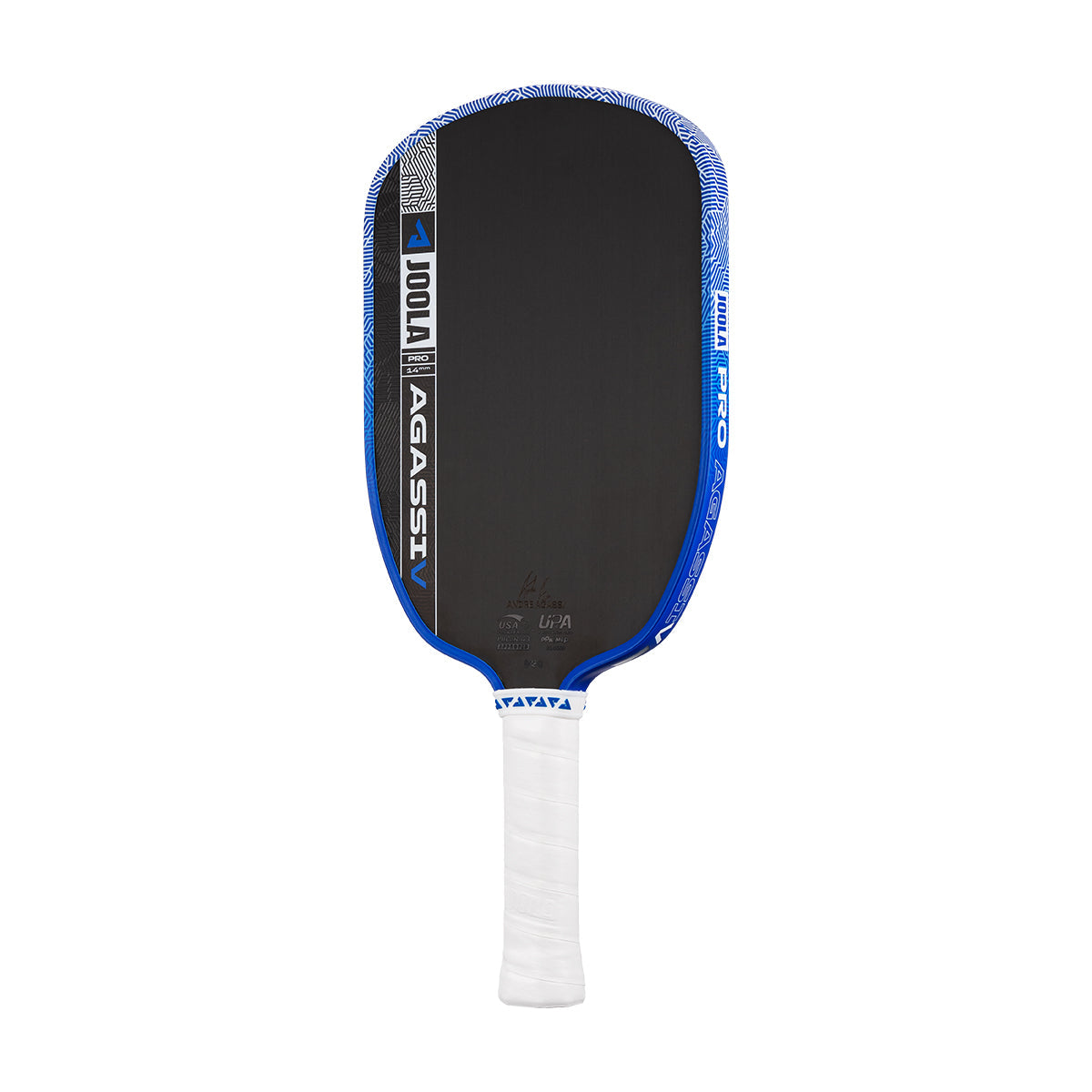 The JOOLA Agassi Pro V 14mm Andre Agassi Royal Blue Pickleball Paddle features a black and blue design with a white grip, JOOLA and AGASSI IV logos, and carbon fiber construction for pro-level play.