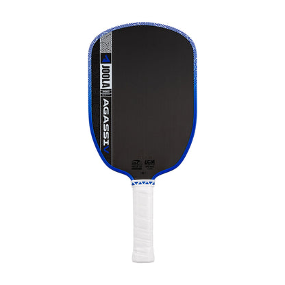 The JOOLA Agassi Pro V 14mm Andre Agassi Royal Blue Pickleball Paddle, featuring carbon fiber tech and a white grip, is shown with blue trim on a plain white background.