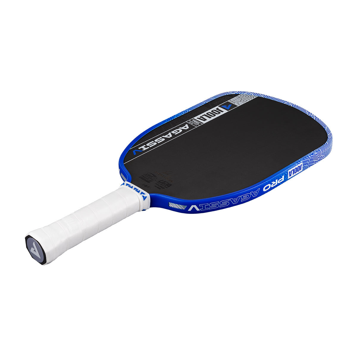 The JOOLA Agassi Pro V 14mm Pickleball Paddle in royal blue and black, with a white grip and "PRO CLASSIC" on the edge, features carbon fiber technology for pro performance, shown on a white background.