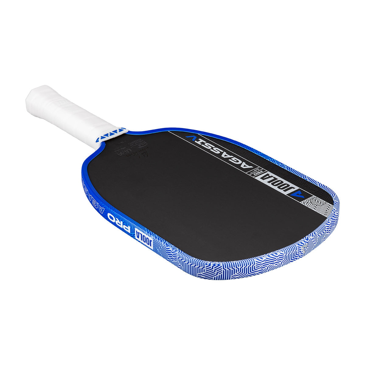 The JOOLA Agassi Pro V 14mm Andre Agassi Royal Blue Pickleball Paddle features a blue and black design with a white grip, “JOOLA PRO” and “AGASSI” branding, and advanced carbon fiber technology for pro-level play.