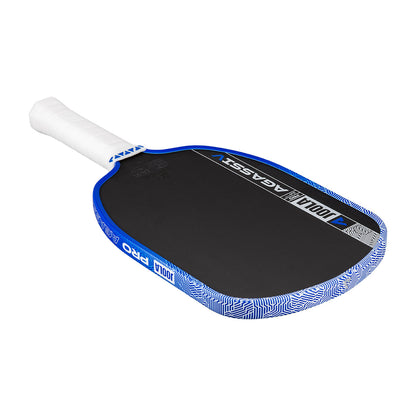 The JOOLA Agassi Pro V 14mm Andre Agassi Royal Blue Pickleball Paddle features a blue and black design with a white grip, “JOOLA PRO” and “AGASSI” branding, and advanced carbon fiber technology for pro-level play.