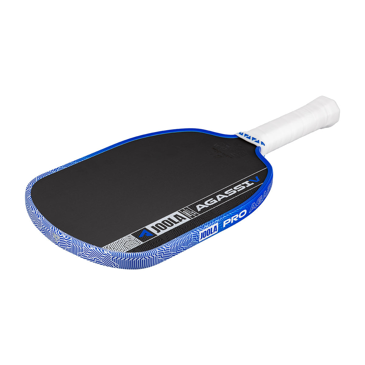 A royal blue JOOLA Agassi Pro V 14mm pickleball paddle, designed for professional play, featuring "JOOLA" branding and endorsed by Andre Agassi.