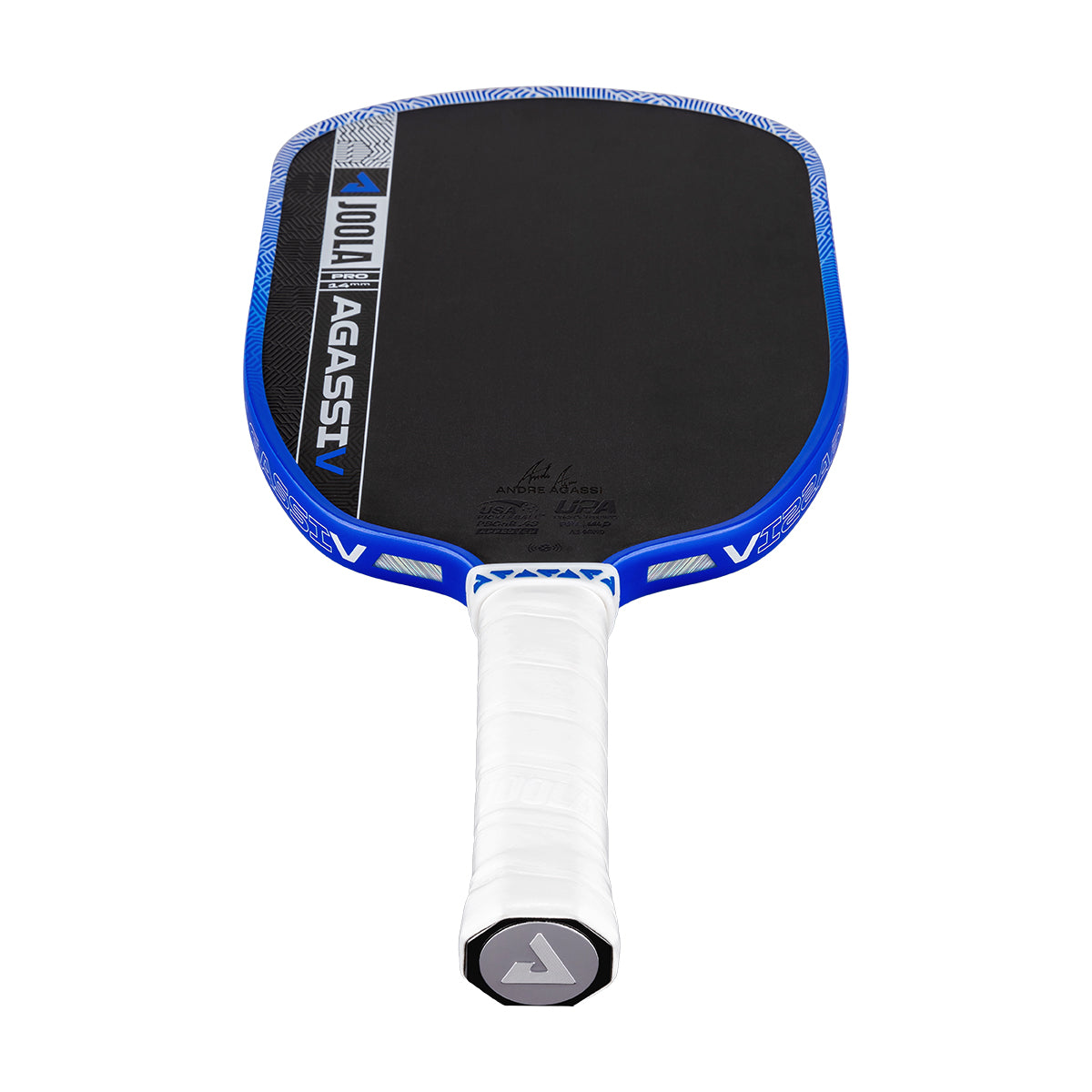 The JOOLA Agassi Pro V 14mm Andre Agassi Royal Blue Pickleball Paddle features a blue and black design with a white grip, "AGASSIV" edge branding, and pro-level performance inspired by JOOLA's Agassi Pro carbon fiber technology.