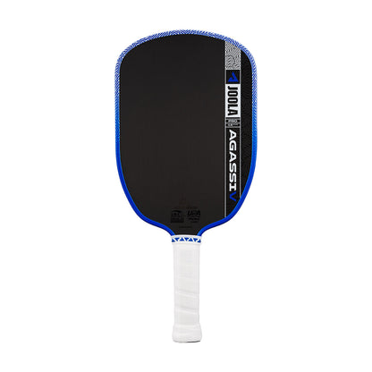 The JOOLA Agassi Pro V 16mm Pickleball Paddle, in royal blue and black with carbon fiber technology and a white grip, is shown upright against a white background.