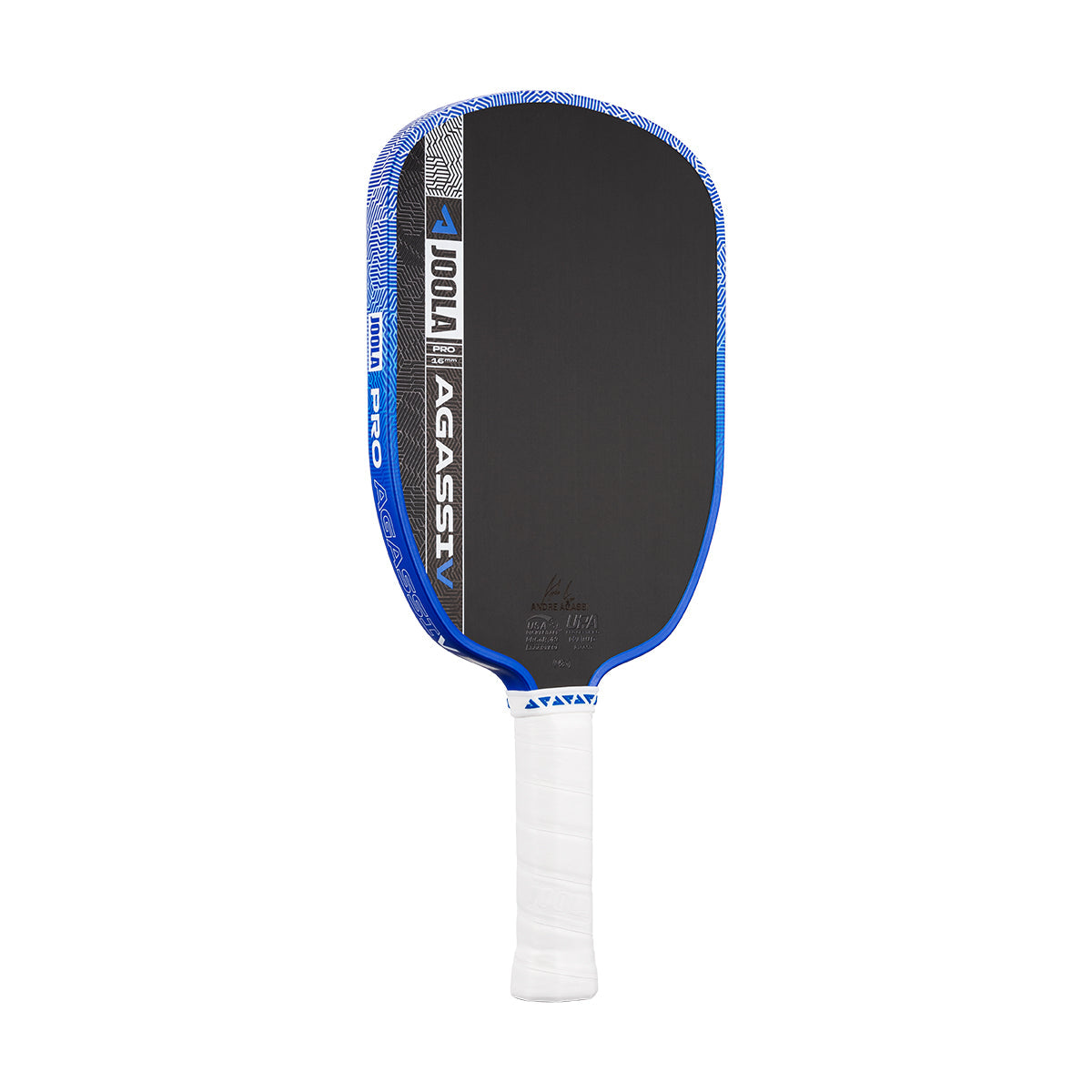 The JOOLA Agassi Pro V 16mm Andre Agassi Royal Blue Pickleball Paddle, featuring advanced carbon fiber, a black face, blue edge, and white handle, is displayed on a plain white background.