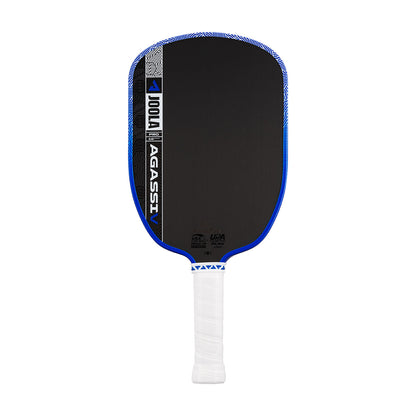 The JOOLA Agassi Pro V 16mm Andre Agassi Royal Blue Pickleball Paddle features carbon fiber construction, a blue trim, and a white-wrapped handle, delivering pro-level performance. Shown against a plain white background.