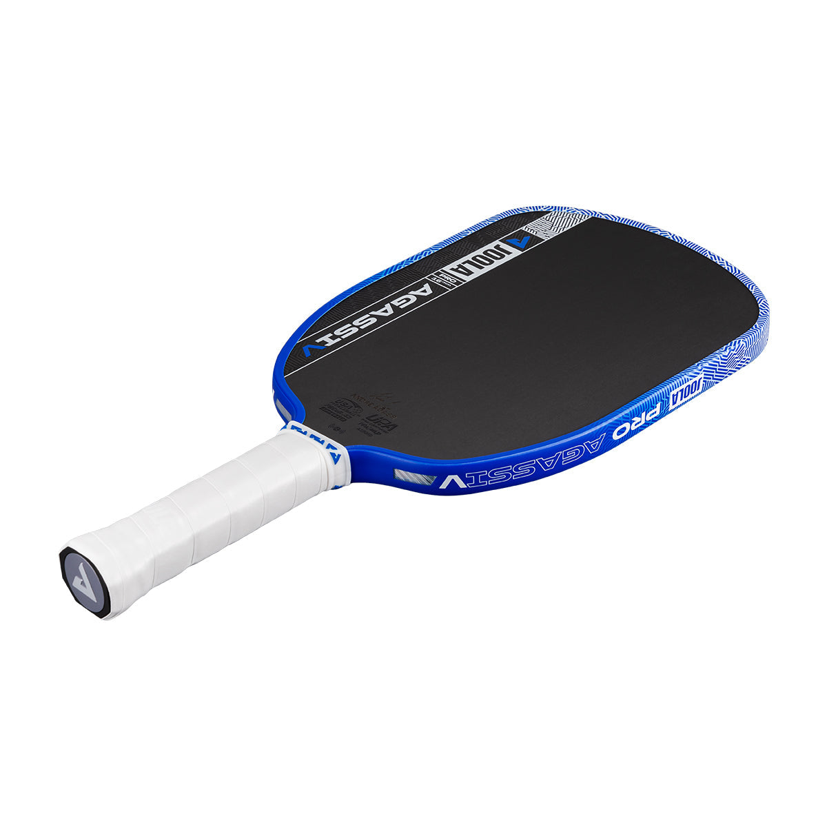 The JOOLA Agassi Pro V 16mm Andre Agassi Royal Blue Pickleball Paddle features a blue and black design with a white grip, displays the JOOLA brand name on the edge, and uses carbon fiber for pro-level performance.
