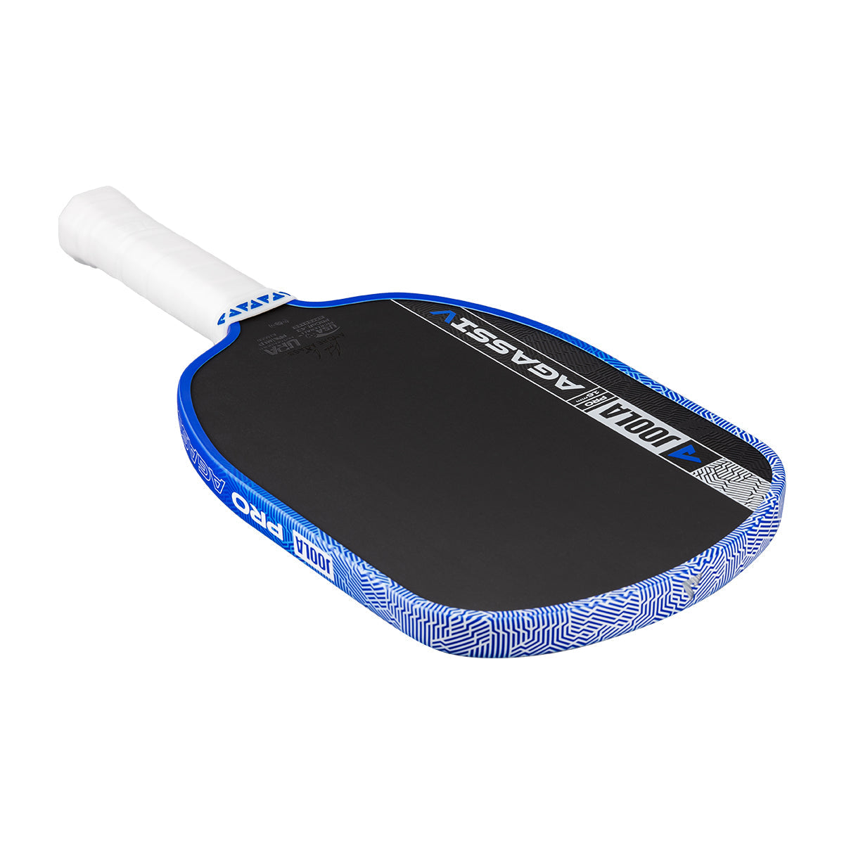 The JOOLA Agassi Pro V 16mm Andre Agassi Royal Blue Pickleball Paddle delivers professional-level performance with advanced carbon fiber technology, featuring a blue and black design, white handle, and "JOOLA" branding.