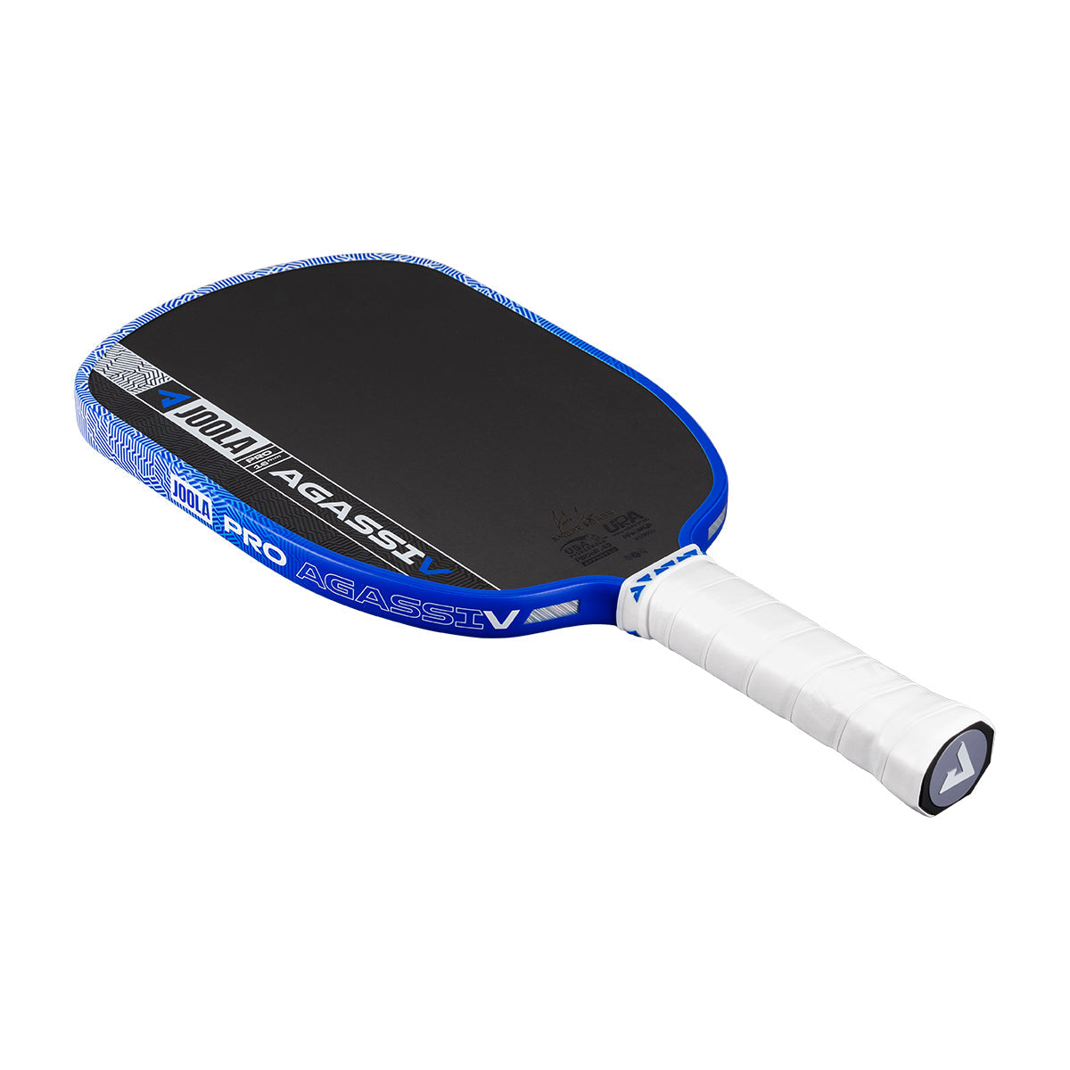 The JOOLA Agassi Pro V 16mm Royal Blue Pickleball Paddle features carbon fiber technology, a white grip, and is designed for professional-level play.