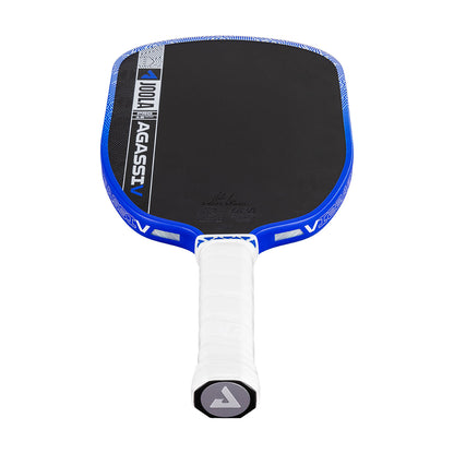 The JOOLA Agassi Pro V 16mm Andre Agassi Royal Blue Pickleball Paddle features a blue and black design with a white handle, "100% AGASSIV" text, and advanced carbon fiber technology for pro-level performance.