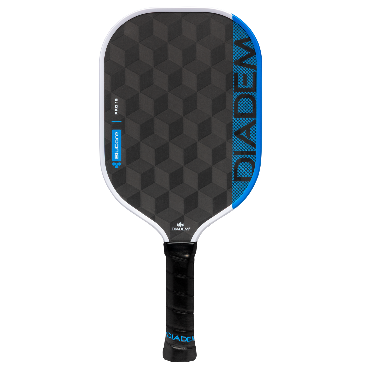 The Diadem Edge BluCore Pro 16mm Pickleball Paddle features a black and blue geometric design with "DIADEM" branding on the right edge, shown against a plain white background.