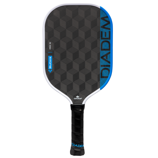 The Diadem Edge BluCore Pro 16mm Pickleball Paddle features a black and blue geometric design with "DIADEM" branding on the right edge, shown against a plain white background.
