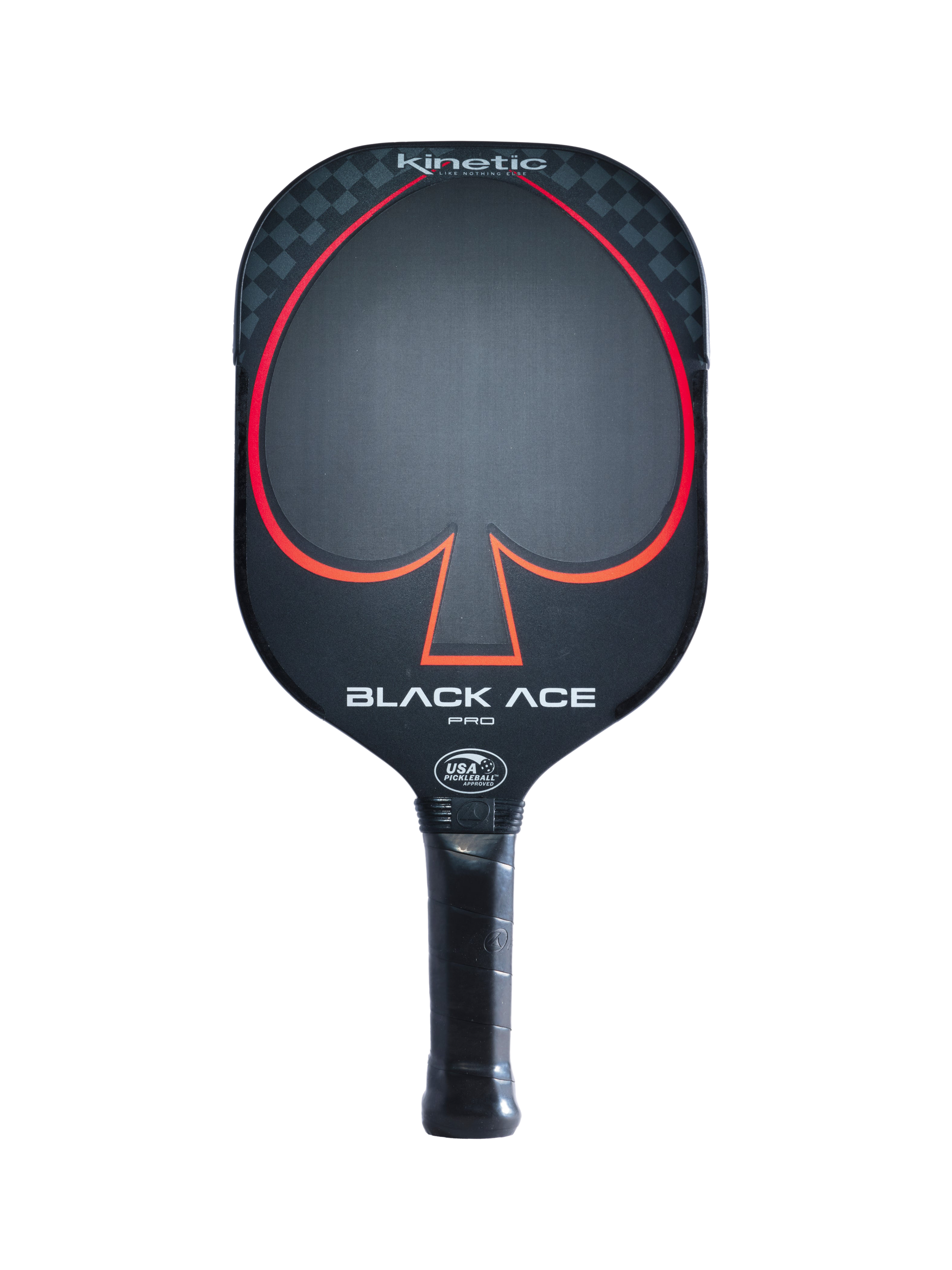 A ProKennex ProKennex Black Ace Pro Pickleball Paddle with a red spade design and the text "Black Ace." Features a checkered pattern on the upper edge and a wrapped handle for grip.