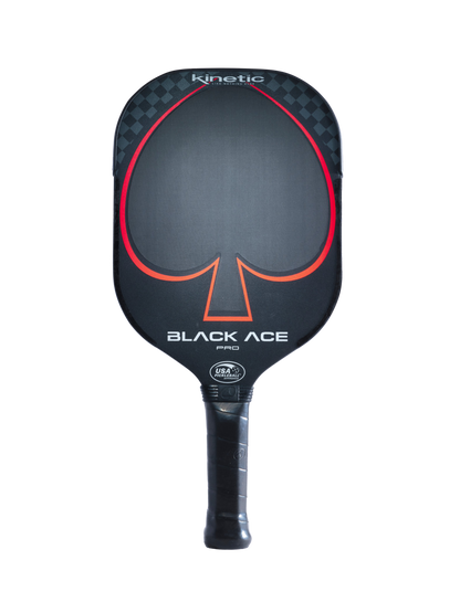 A ProKennex ProKennex Black Ace Pro Pickleball Paddle with a red spade design and the text "Black Ace." Features a checkered pattern on the upper edge and a wrapped handle for grip.