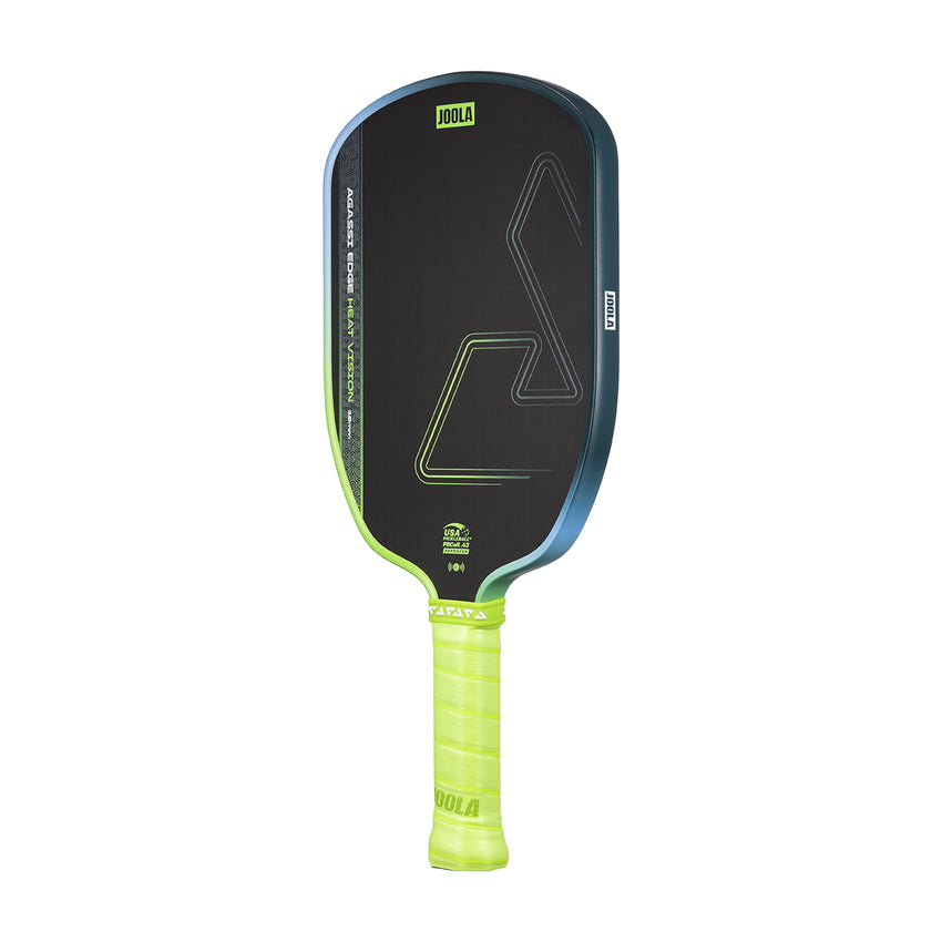 The JOOLA Heat Vision Agassi Edge 16mm Pickleball Paddle features a black face, green and blue edges, and a neon green grip—ideal for dynamic play.