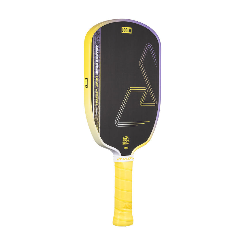 The JOOLA Heat Vision Agassi Edge 16mm Pickleball Paddle features a black face, angular patterns, and a yellow handle—utilizing advanced Heat Vision technology from JOOLA for enhanced play.