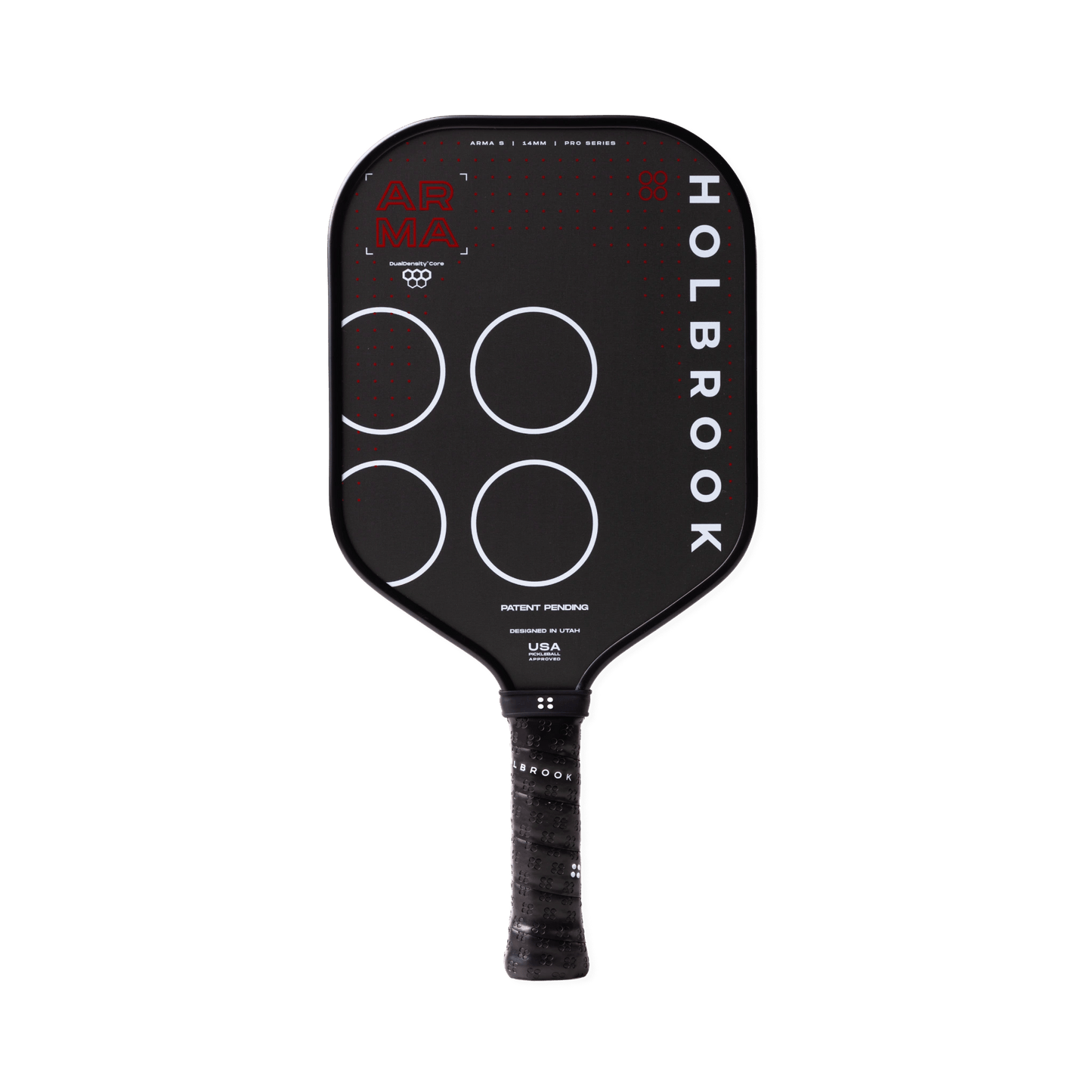 The Holbrook Arma S 14mm pickleball paddle features a sleek black design with white circle and text accents, a wrapped handle, distinctive Holbrook branding, and the advanced Dual-Density™ Core for enhanced play.