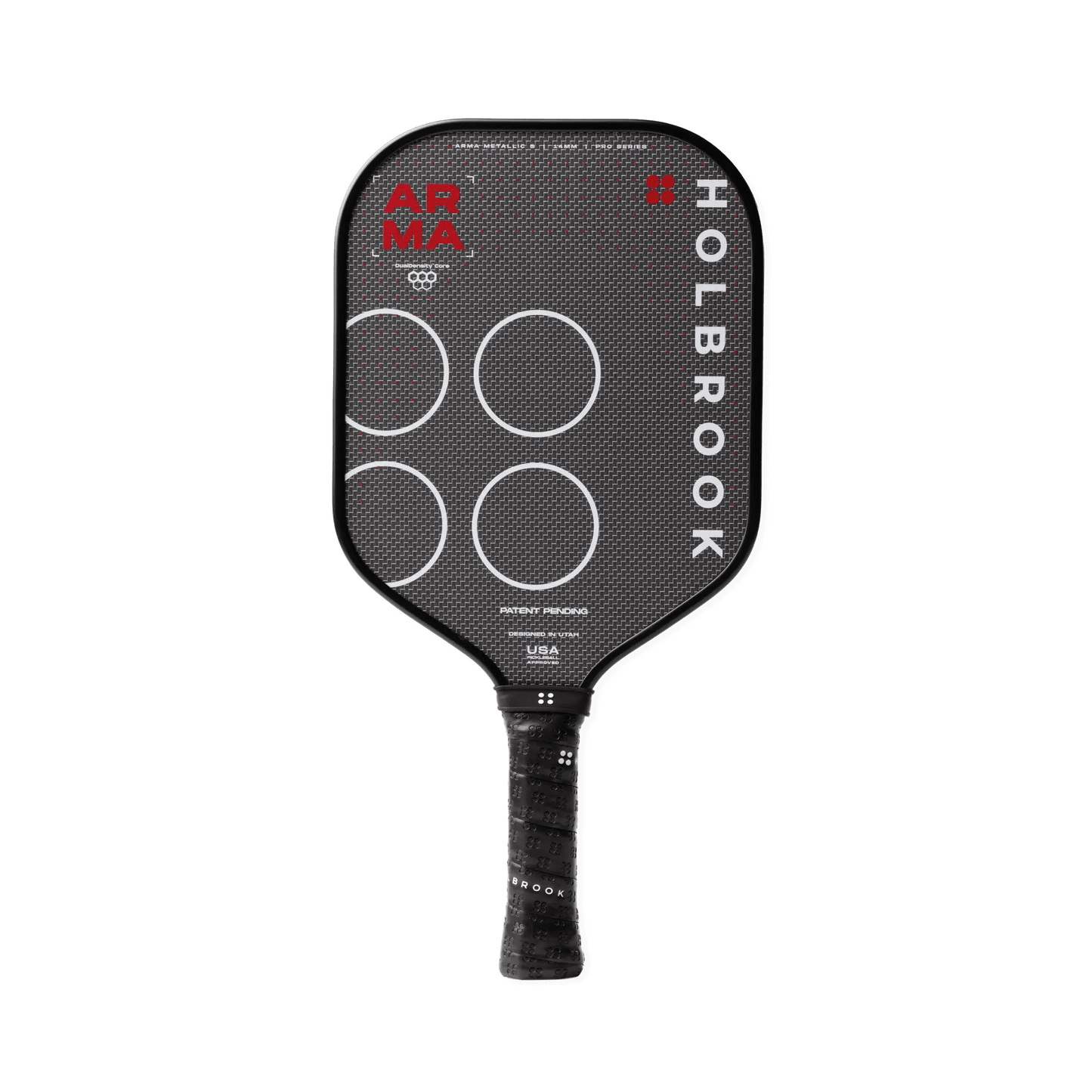 The Holbrook Arma S Metallic 14mm pickleball paddle features a black design with white circles, red "APMA" text, a textured grip, and a Dual-Density™ Core, shown on a white background.