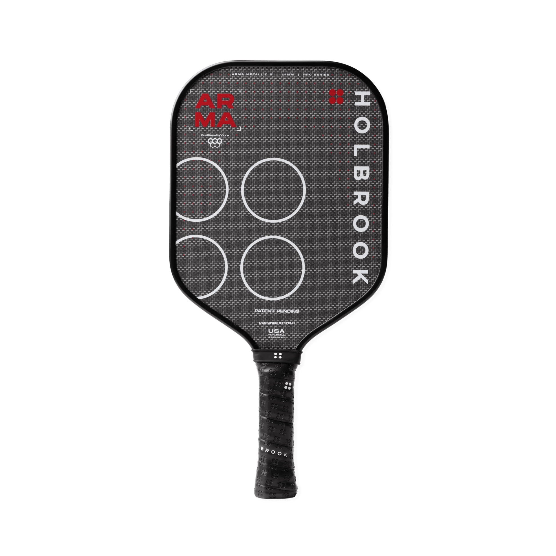 The Holbrook Arma S Metallic 14mm pickleball paddle features a black design with white circles, red "APMA" text, a textured grip, and a Dual-Density™ Core, shown on a white background.