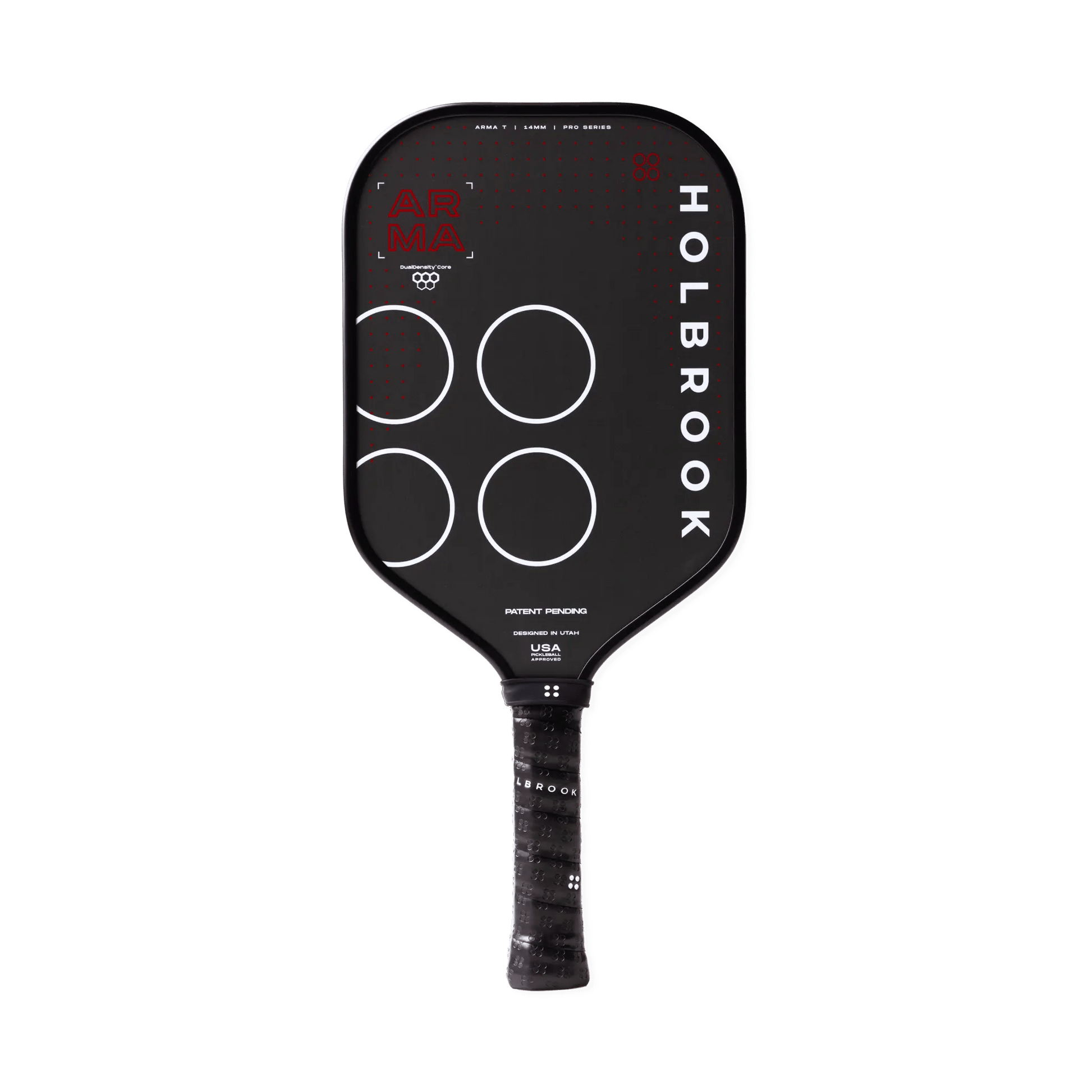 The Holbrook Arma T 14mm pickleball paddle by Holbrook features a black face with four white circles, white text, a black grip, and a simple, modern design.