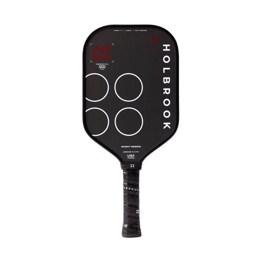 The Holbrook Arma T 14mm pickleball paddle by Holbrook features a black face with four white circles, white text, a black grip, and a simple, modern design.