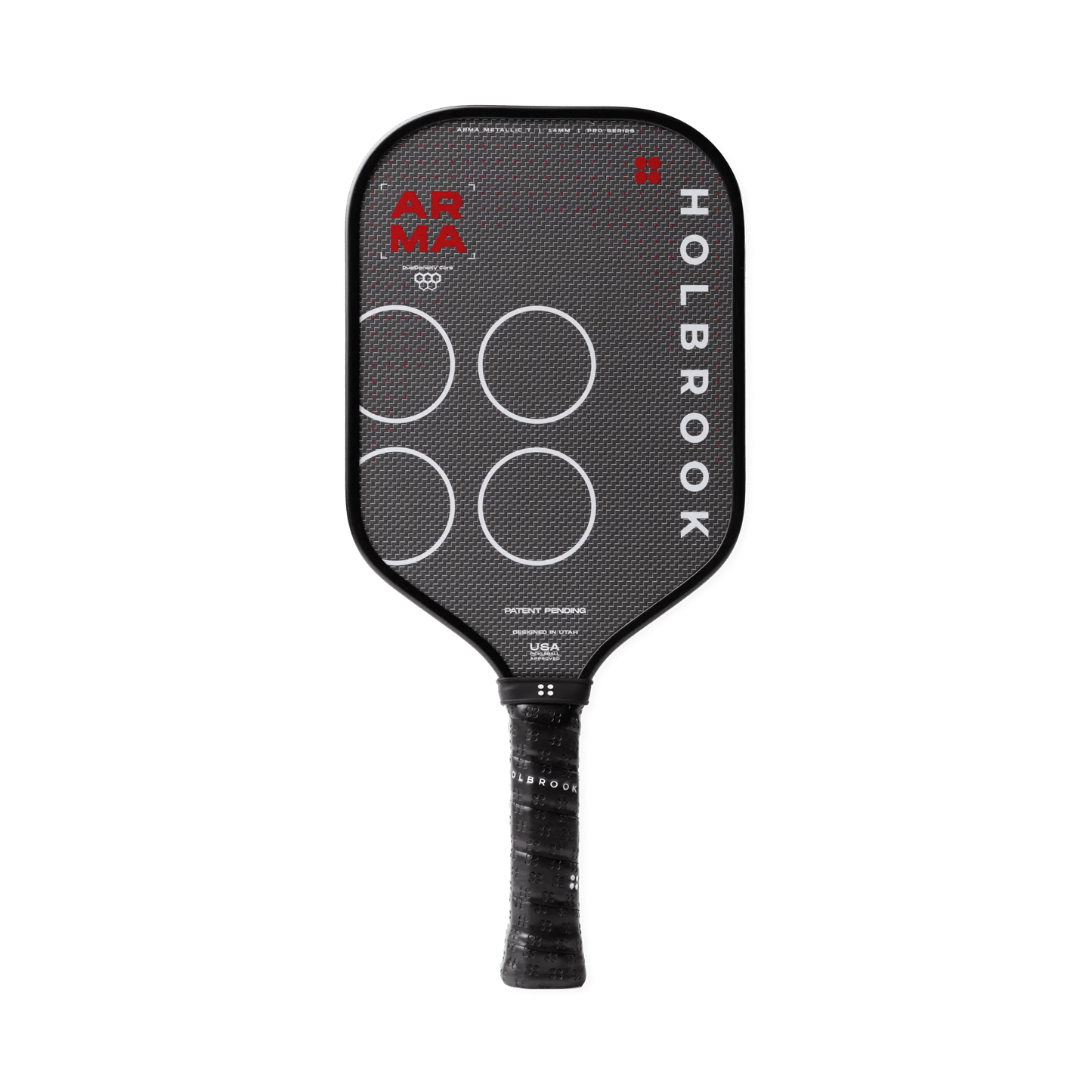 The Holbrook Arma T Metallic 14mm pickleball paddle features a black carbon fiber texture, white circles, and branding on the face and handle, with a Dual-Density™ Core by Holbrook.
