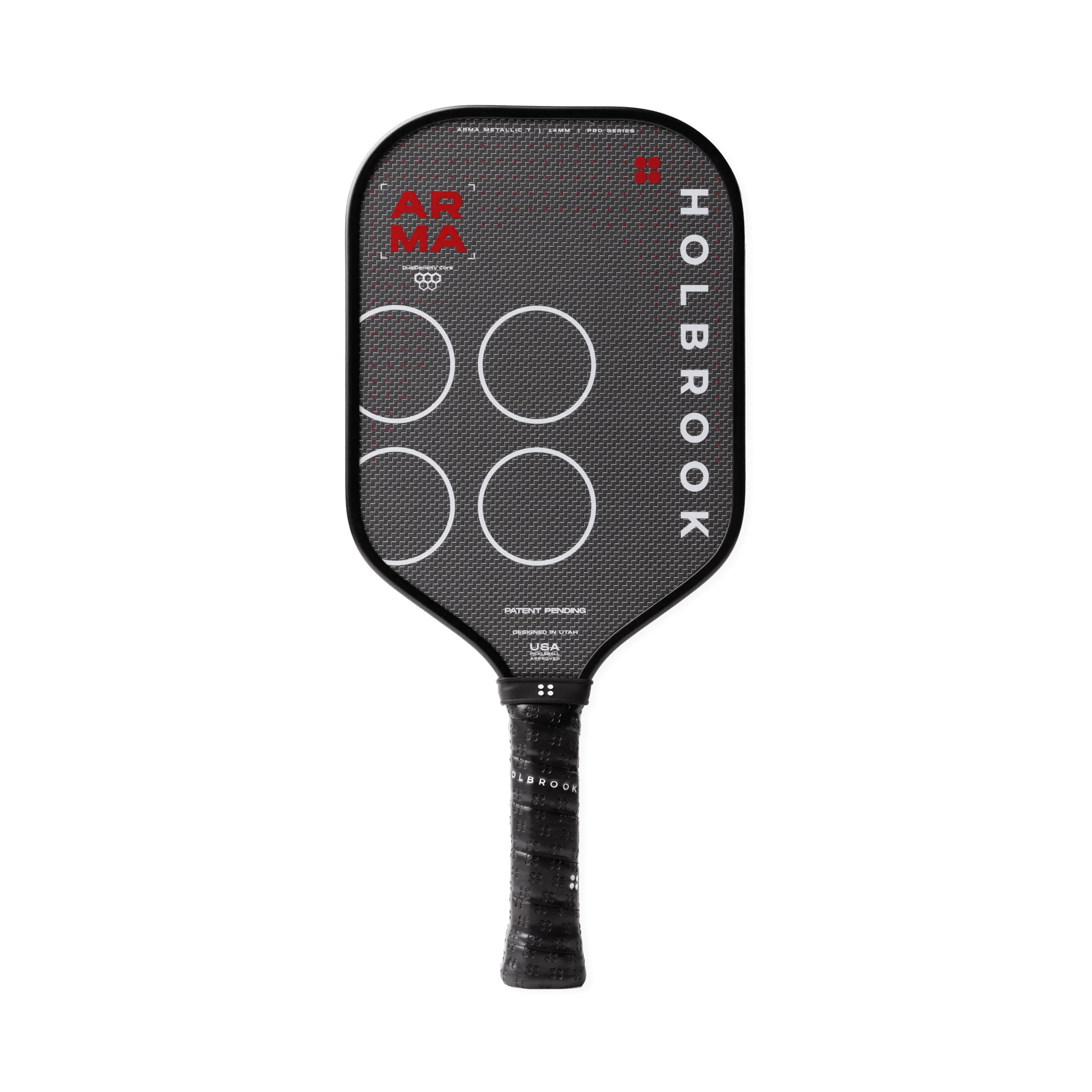 The Holbrook Arma T Metallic 14mm pickleball paddle features a black carbon fiber texture, white circles, and branding on the face and handle, with a Dual-Density™ Core by Holbrook.