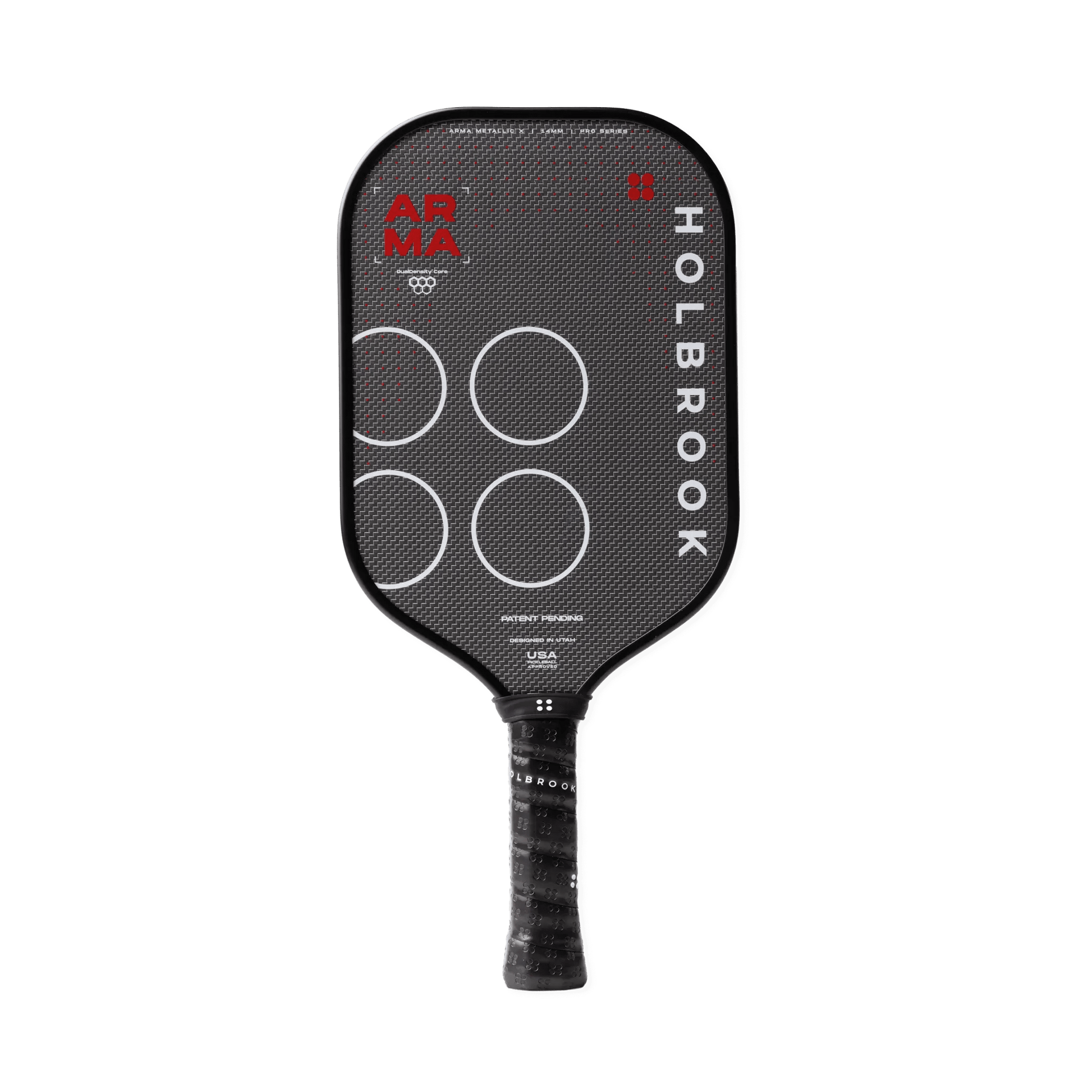 The Holbrook Arma X Metallic 14mm pickleball paddle features a textured black surface, four white circles, and "ARMA" and "HOLBROOK" branding. It includes a Dual-Density™ Core for enhanced performance.