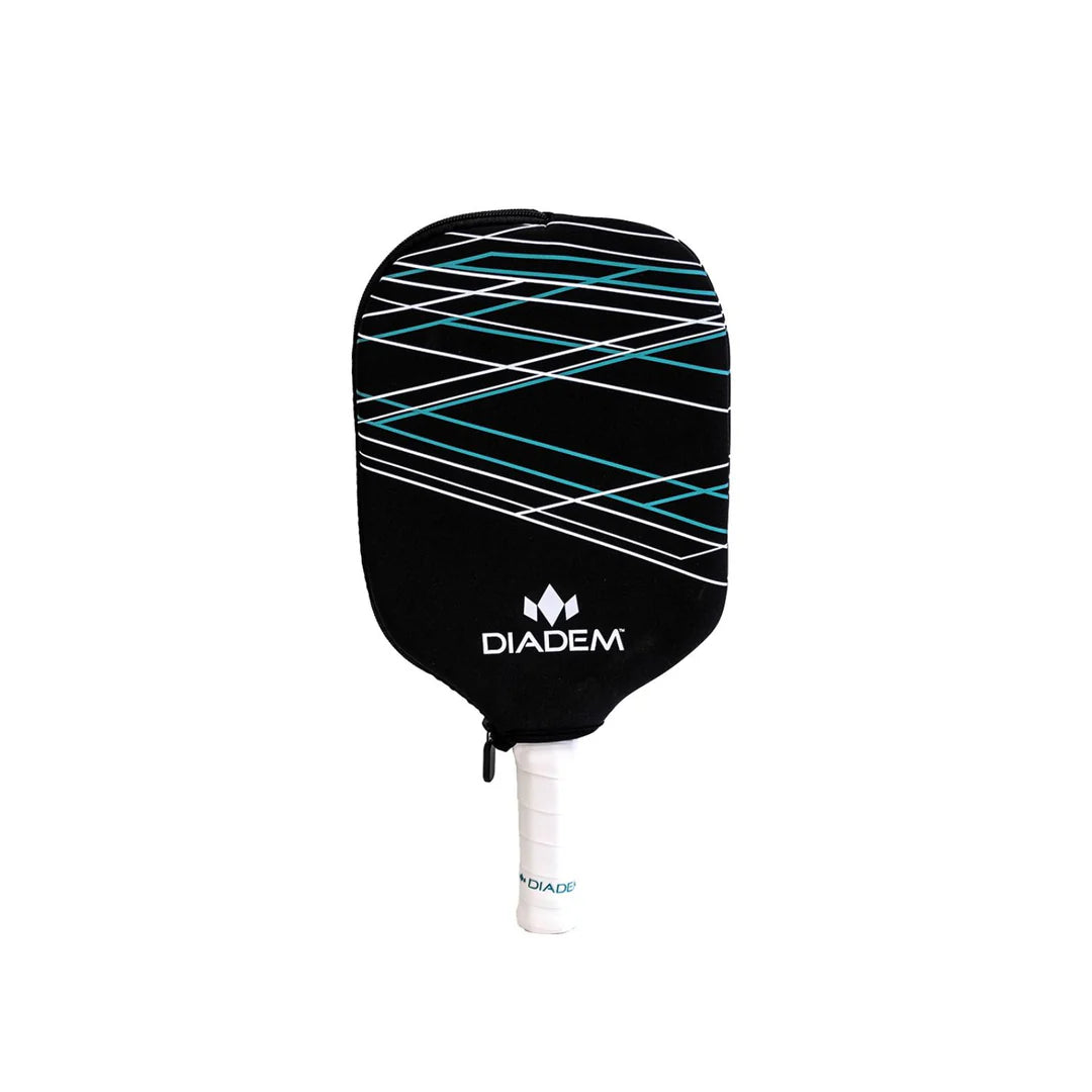 A Diadem pickleball paddle cover bag in black with white and teal stripes, featuring a white handle and the brand name "Diadem" in white text near the center.