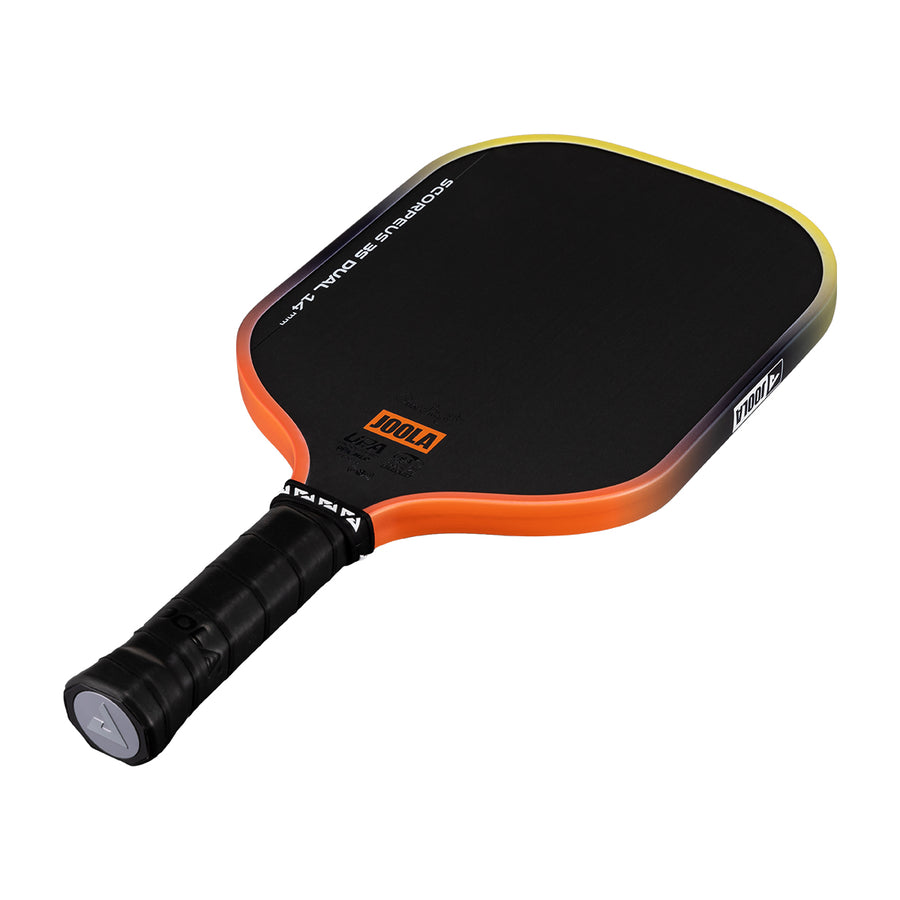 A black and orange Pickleballist JOOLA Scorpeus 3S Dual 14mm Pickleball Paddle with a rectangular shape, carbon friction surface, and black grip handle is displayed on a white background.