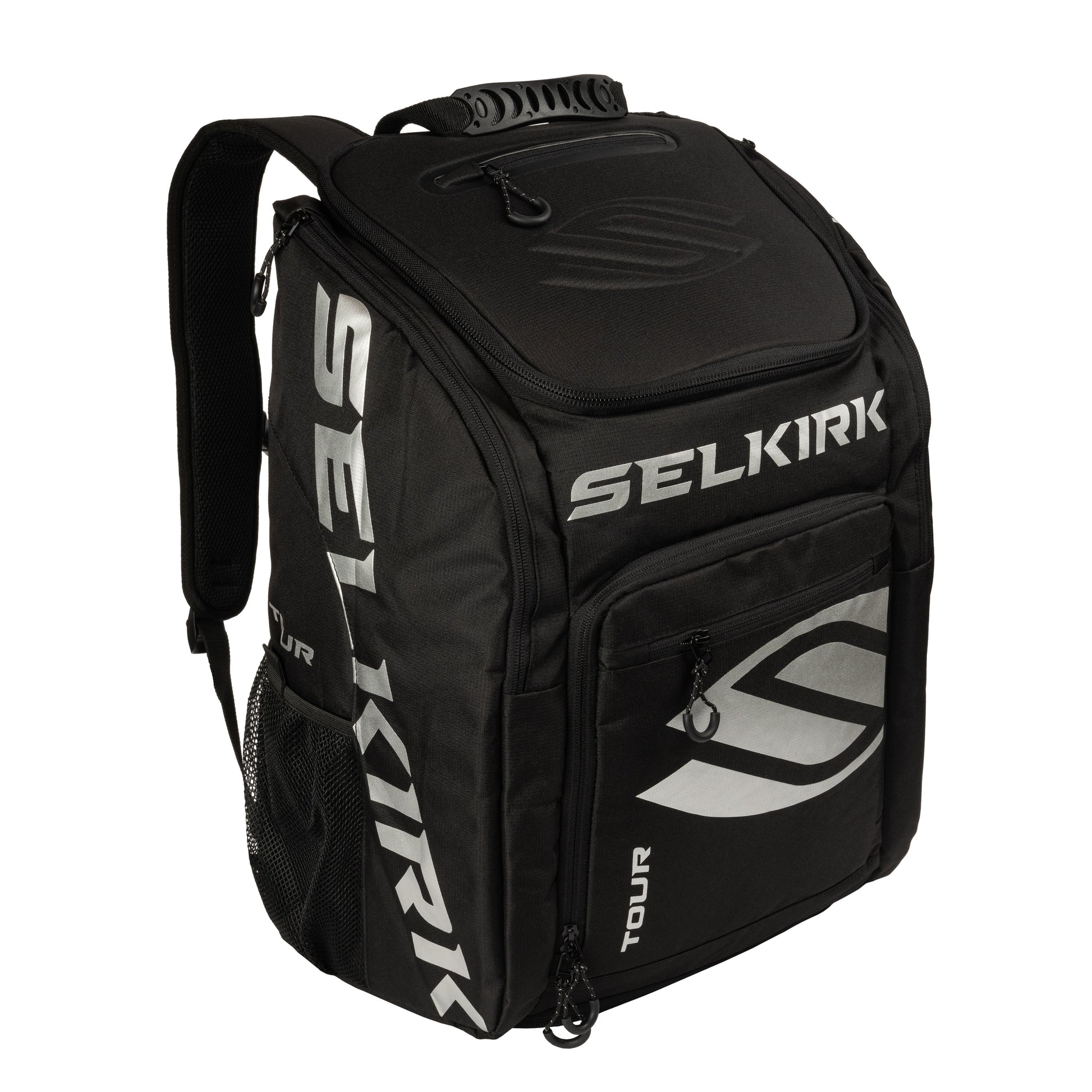 Black Selkirk Core Series Tour Backpack Pickleball Bag with multiple compartments, mesh side pockets, and sizable front and top zippers, featuring the Selkirk logo and branding in white.