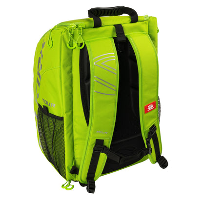 Bright green Selkirk Core Series Tour Backpack Pickleball Bag with multiple compartments, black mesh pockets on sides, adjustable shoulder straps, and a carry handle on top.