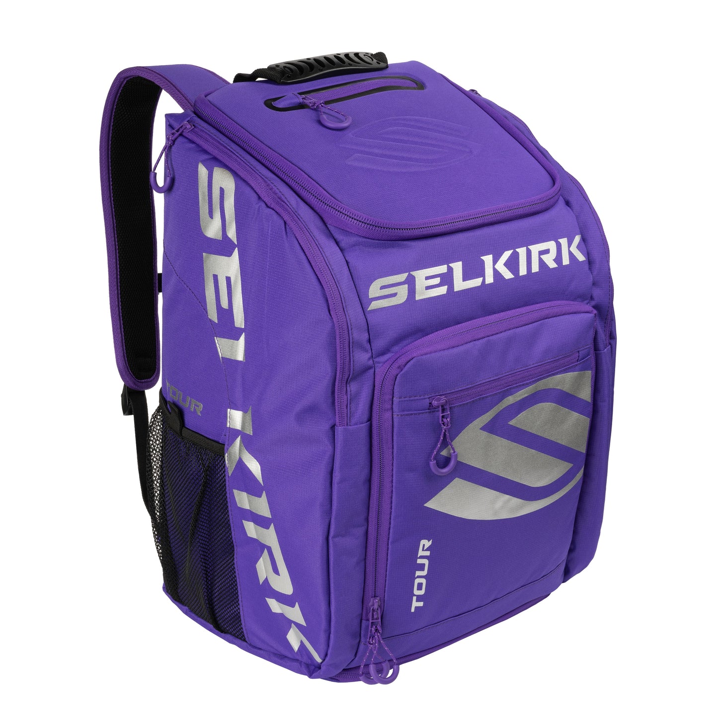 A purple backpack with the word Selkirk Core Series Tour Backpack Pickleball Bag on it.