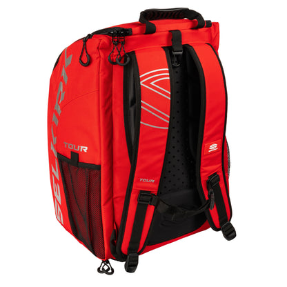 Red Selkirk Core Series Tour Backpack Pickleball Bag with multiple compartments, black accents, and mesh side pockets.