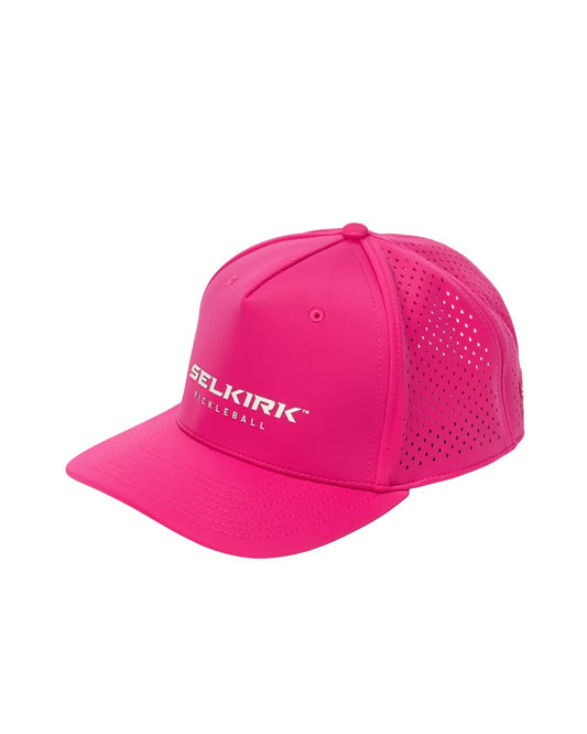 The Selkirk Pickleball Performance Trucker Hat is a bright pink cap featuring "Selkirk Pickleball" on the front and perforated side panels for ventilation.