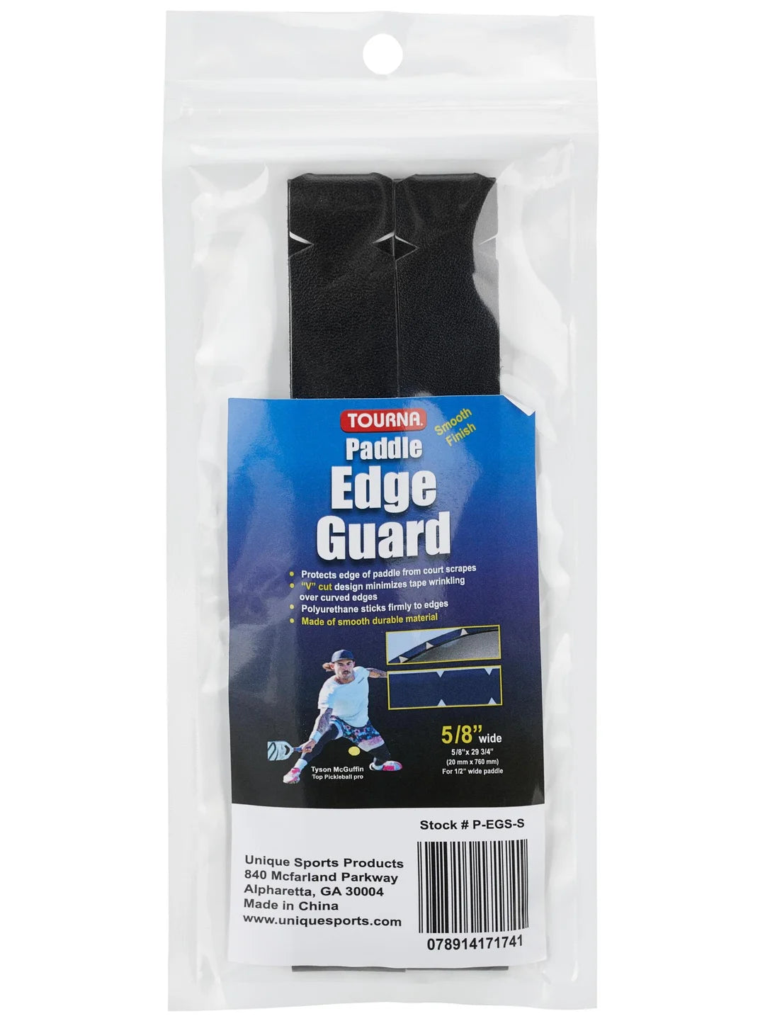 Packaging of Tourna Pickleball Paddle Edge Guard (Smooth Material), 5/8" wide strips, designed to protect paddle edges and cores from damage. Includes installation instructions and a picture of a person using the product.