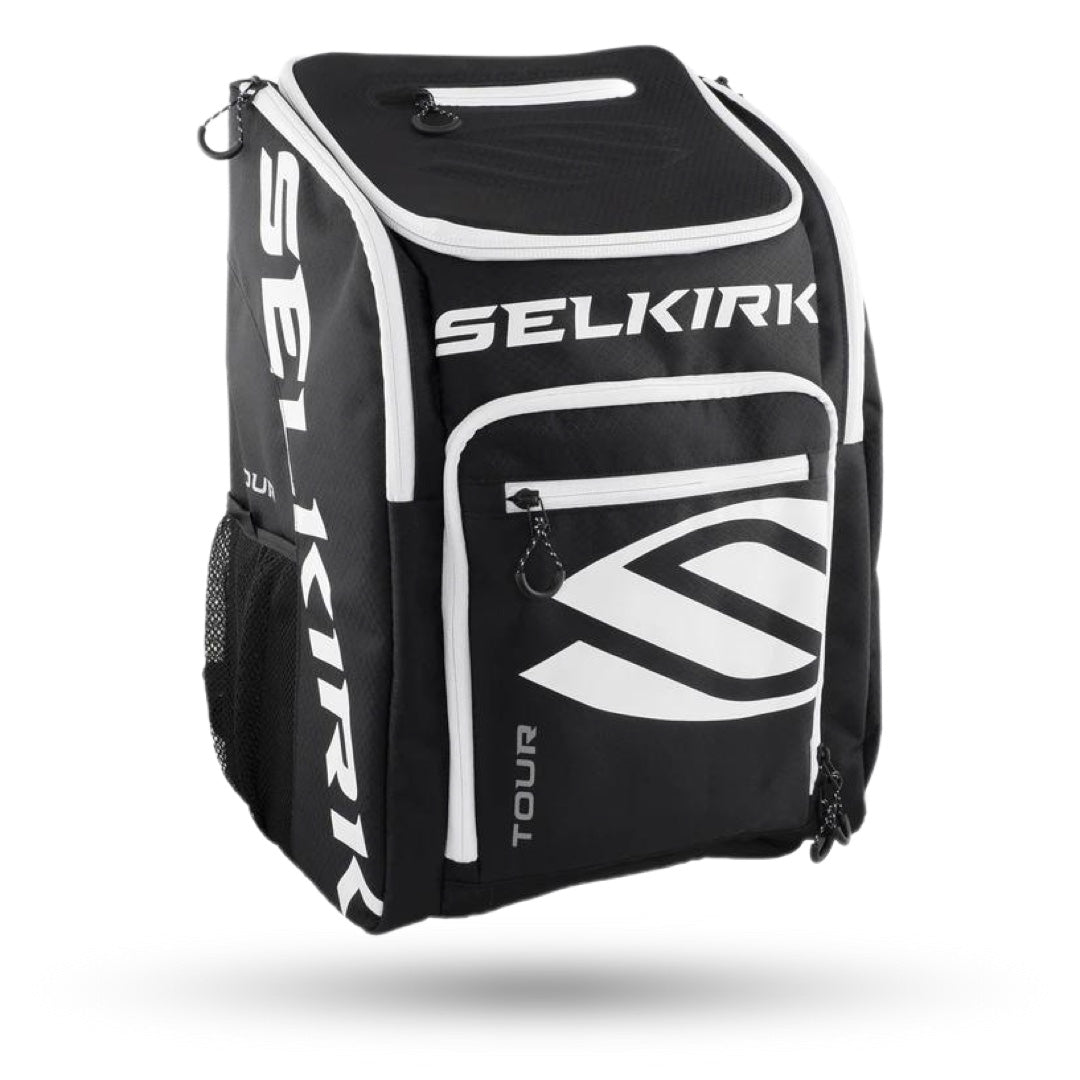 Black and white Selkirk Tour Backpack (2021) pickleball bag with logo.