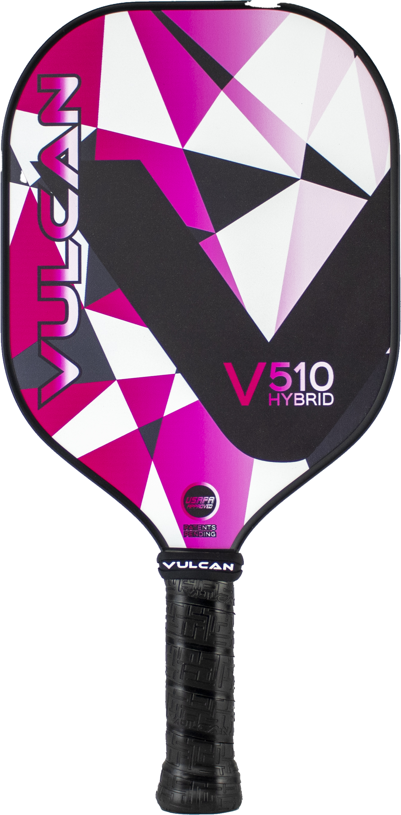 A pink and black Vulcan V510 Hybrid Pickleball Paddle with a black handle.