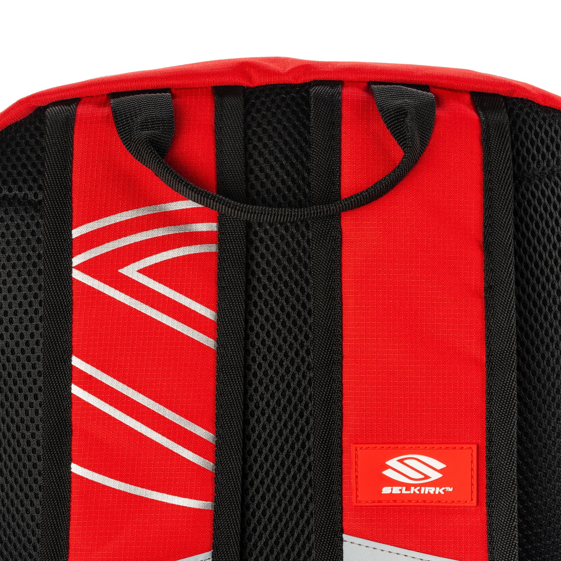 A Selkirk red and black backpack with a logo on it.