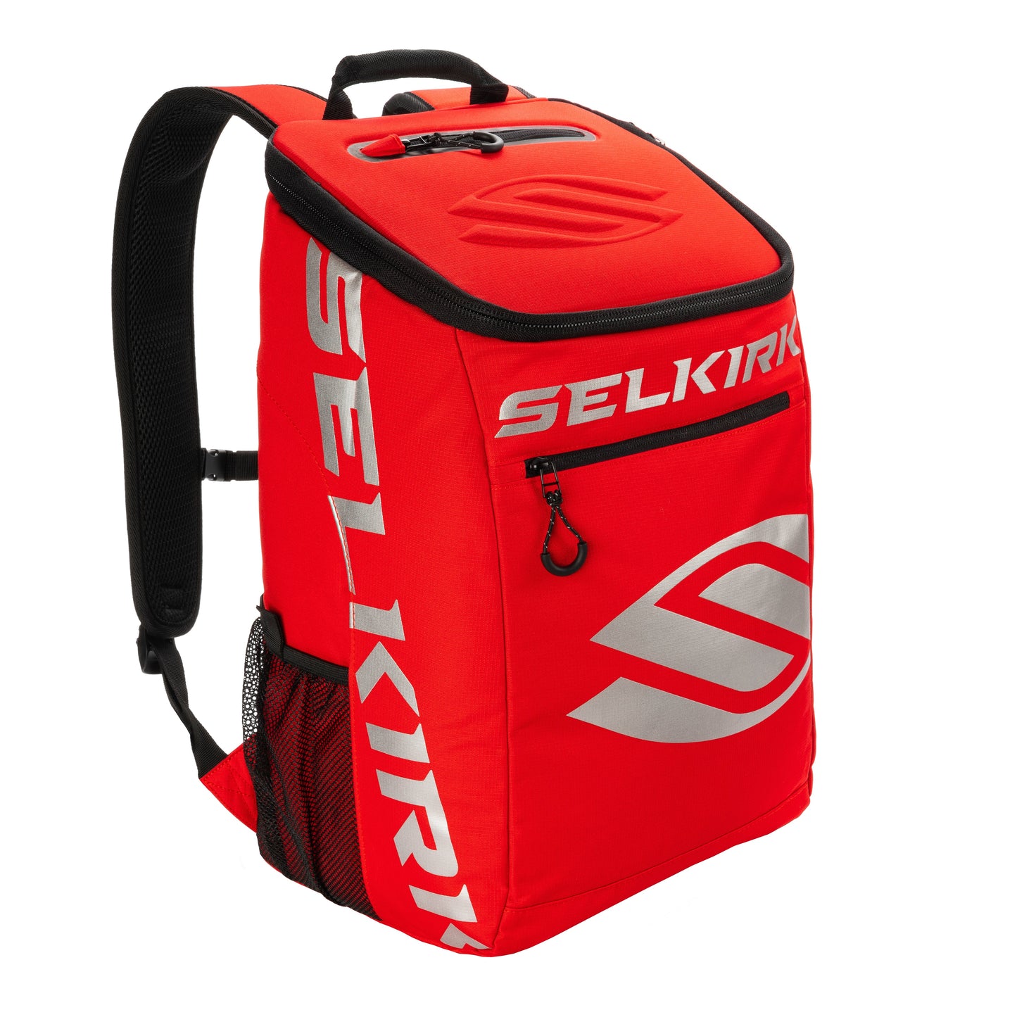 A red backpack with the word Selkirk on it.
