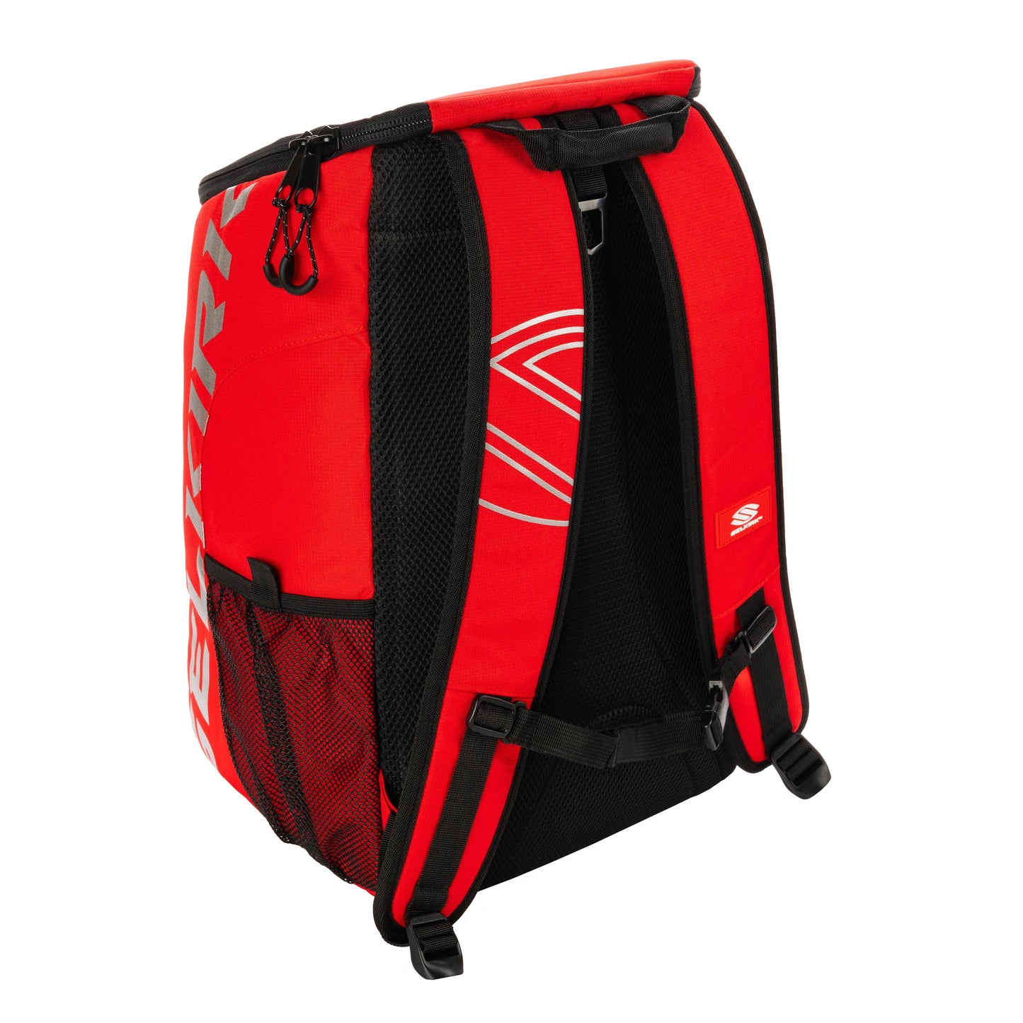 A Selkirk red and black backpack with a logo on it.