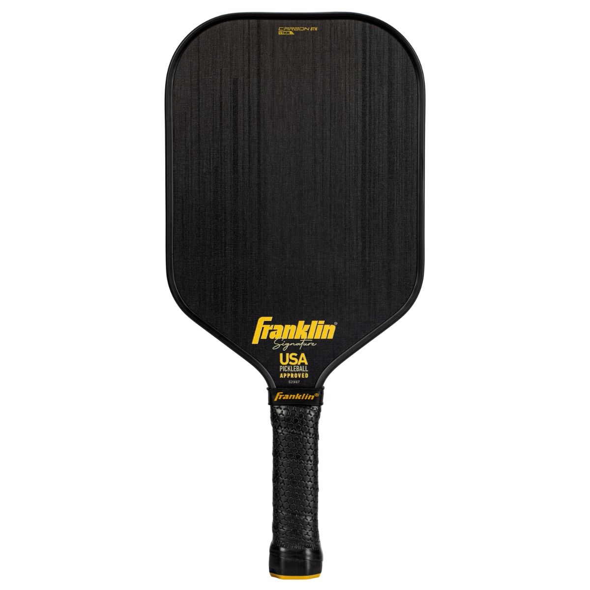 Black and yellow USAPA approved Pickleballist Franklin Carbon STK pickleball paddle with textured surface and grip handle, isolated on a white background.