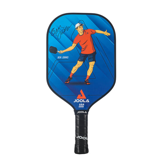 Pickleball paddle featuring an illustration of a male player in action, with the brand logo "Pickleballist" and the player's printed signature, "Ben Johns.