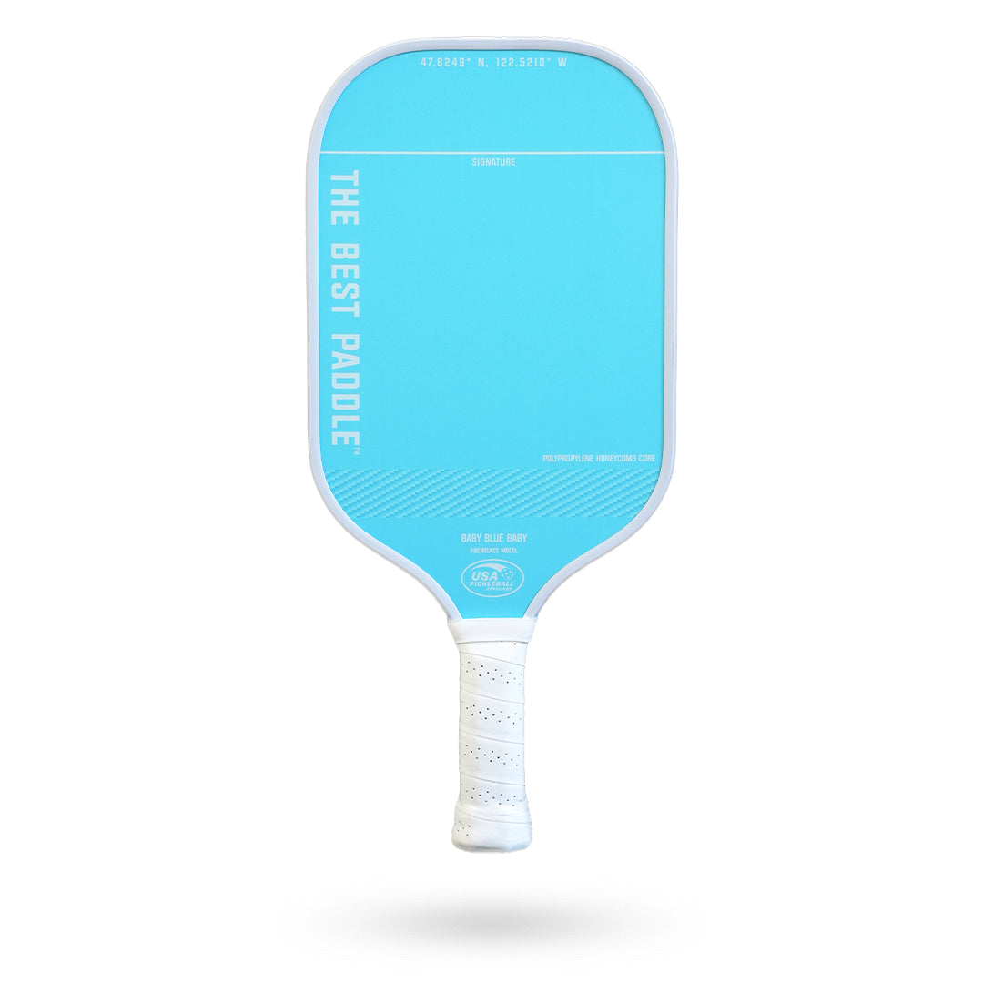 The Best Paddle Fiberglass Pickleball Paddle with a blue handle on a white background.