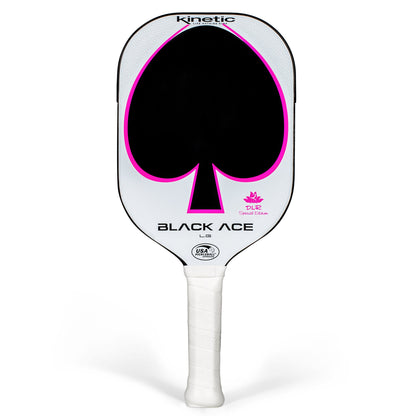 Black and white pickleball paddle with a pink logo, labeled "Pickleballist ProKennex Black Ace LG - Daniel de la Rosa Signature Edition," and "kinetic" on the grip, isolated on a white background.