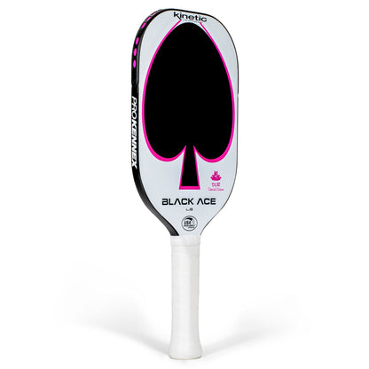 A Pickleballist ProKennex Black Ace LG Daniel de la Rosa Signature Edition paddle with a pink and black design, featuring the kinetic series branding on a white background.