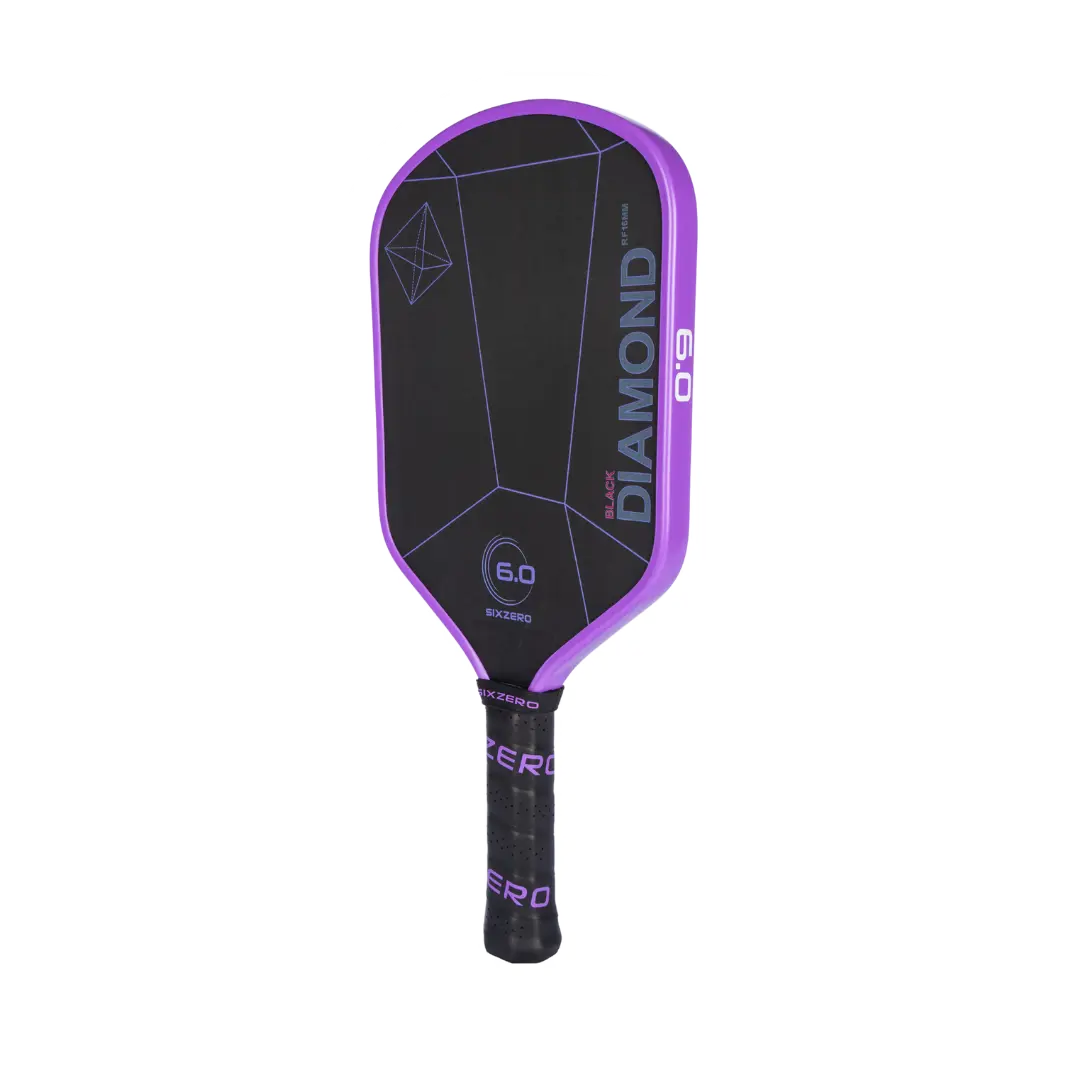 A purple and black Six Zero Black Diamond Power (16mm) pickleball paddle by Pickleballist with geometric patterns on the surface.