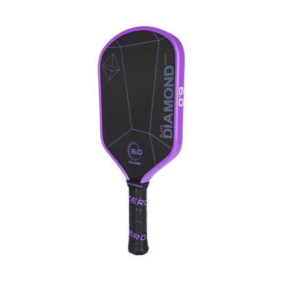 A purple and black Six Zero Black Diamond Power (16mm) pickleball paddle by Pickleballist with geometric patterns on the surface.