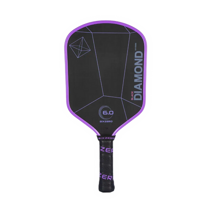 A black and purple Six Zero Black Diamond Power (16mm) pickleball paddle with geometric designs on the face and text detailing the Pickleballist brand and model.